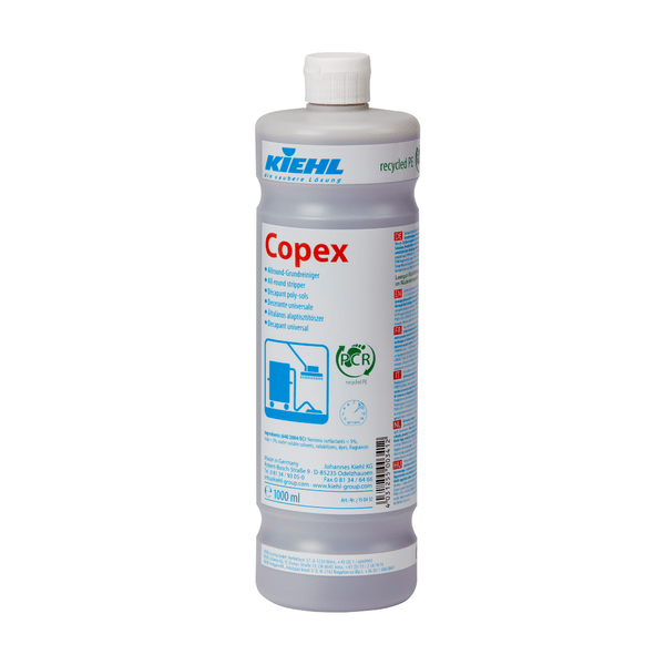 The tall, gray, cylindrical bottle with a white cap and the inscription 'Kiehl Copex Allround Basic Cleaner' by Johannes Kiehl KG contains multilingual instructions, an environmental label, a graphic, and information for effective cleaning of various surfaces.