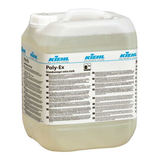 A large clear plastic container with a white lid contains a yellowish liquid. The label reads "Kiehl Poly-Ex Basic Cleaner, extra strong" by Johannes Kiehl KG and provides floor cleaner details in several languages.