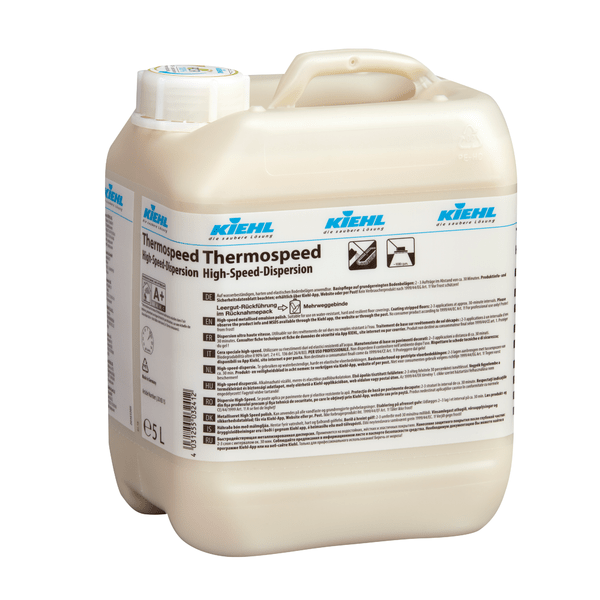 A beige 5-liter plastic container of Thermospeed high-speed dispersion floor care cleaner from Johannes Kiehl KG, with a handle and multilingual label. Sold as a carton (2 bottles), product name: Kiehl Thermospeed High-Speed Dispersion 5 L.