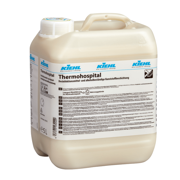 A carton with 2 x 5L Johannes Kiehl KG Thermohospital disinfectant-resistant dispersion, with alcohol-resistant plastic and labeled front, designed for hospitals.