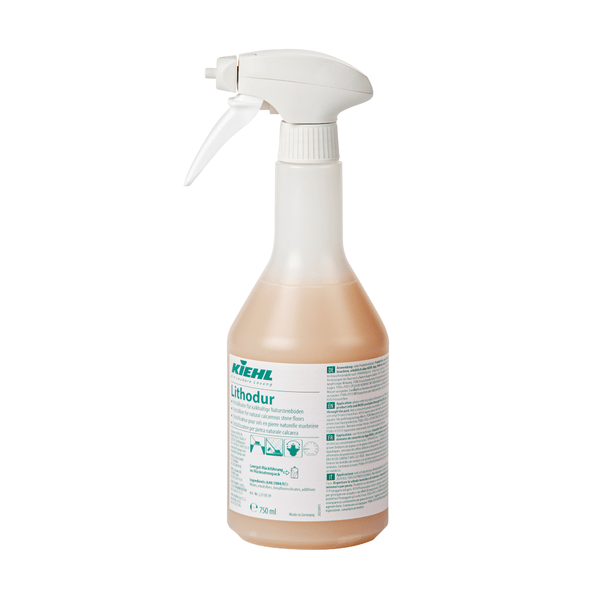 A 750 ml plastic spray bottle of Kiehl Lithodur Crystallizer by Johannes Kiehl KG for calcareous natural stone floors, with a white trigger nozzle and detailed labeling; sold as a carton with 6 bottles.