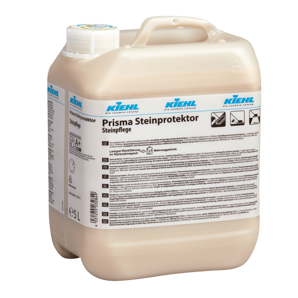 Beige 5-liter plastic container from Johannes Kiehl KG Kiehl Prisma Stone Protector Stone Care with German info label, ideal for protecting stone floors; in a box with 2 bottles (each 5 L).