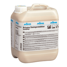 Beige 5-liter plastic container from Johannes Kiehl KG Kiehl Prisma Stone Protector Stone Care with German info label, ideal for protecting stone floors; in a box with 2 bottles (each 5 L).