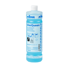 A blue bottle labeled "Kiehl GlasQueen glass and surface cleaner" from Johannes Kiehl KG, with a white cap, pictograms, and application instructions for the streak-free glass and surface cleaner, along with product information in German and English.