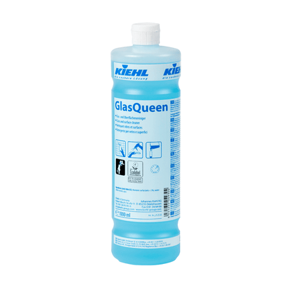 A blue bottle labeled "Kiehl GlasQueen glass and surface cleaner" from Johannes Kiehl KG, with a white cap, pictograms, and application instructions for the streak-free glass and surface cleaner, along with product information in German and English.