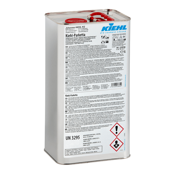 A 5-liter metal canister of Kiehl-Parketta noble hard wax liquid by Johannes Kiehl KG, with a red screw cap, safety symbols, and multilingual instructions on the white label (sold in a box with 2 bottles).