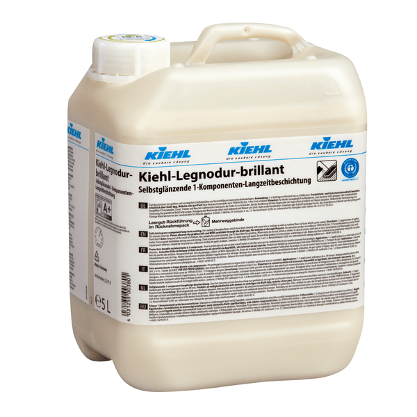 A beige 5-liter plastic container of Johannes Kiehl KG Kiehl-Legnodur-brilliant self-glossing 1-component permanent coating with blue and black lettering and a white screw cap, sold as a carton with 2 bottles.