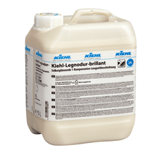 A beige 5-liter plastic container of Johannes Kiehl KG Kiehl-Legnodur-brilliant self-glossing 1-component permanent coating with blue and black lettering and a white screw cap, sold as a carton with 2 bottles.