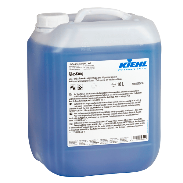 A 10-liter container made of translucent plastic with Kiehl GlasKing window, glass, and all-purpose cleaner from Johannes Kiehl KG, with a white info label, blue liquid, a handle, and a white screw cap.