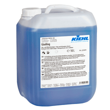A 10-liter container made of translucent plastic with Kiehl GlasKing window, glass, and all-purpose cleaner from Johannes Kiehl KG, with a white info label, blue liquid, a handle, and a white screw cap.