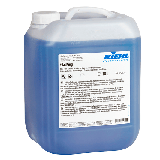 A 10-liter container made of translucent plastic with Kiehl GlasKing window, glass, and all-purpose cleaner from Johannes Kiehl KG, with a white info label, blue liquid, a handle, and a white screw cap.