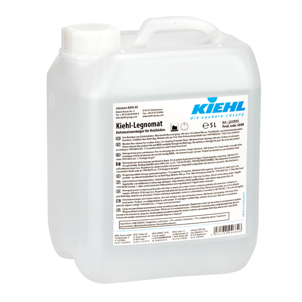 The Kiehl-Legnomat automatic cleaner for wooden floors (5 L, 2 bottles) by Johannes Kiehl KG is a transparent plastic container with a white lid, labeled in multiple languages and ideal for machine cleaning of wooden floors.