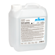 The Kiehl-Legnomat automatic cleaner for wooden floors (5 L, 2 bottles) by Johannes Kiehl KG is a transparent plastic container with a white lid, labeled in multiple languages and ideal for machine cleaning of wooden floors.