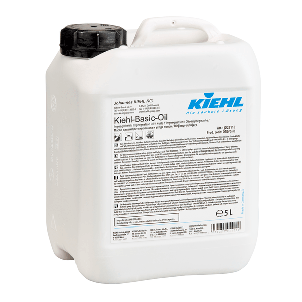 A white 5-liter plastic container with a black lid and the label "Kiehl Kiehl-Basic-Oil Impregnating Oil" from Johannes Kiehl KG features multilingual brand information and care instructions for wood surfaces on the front.