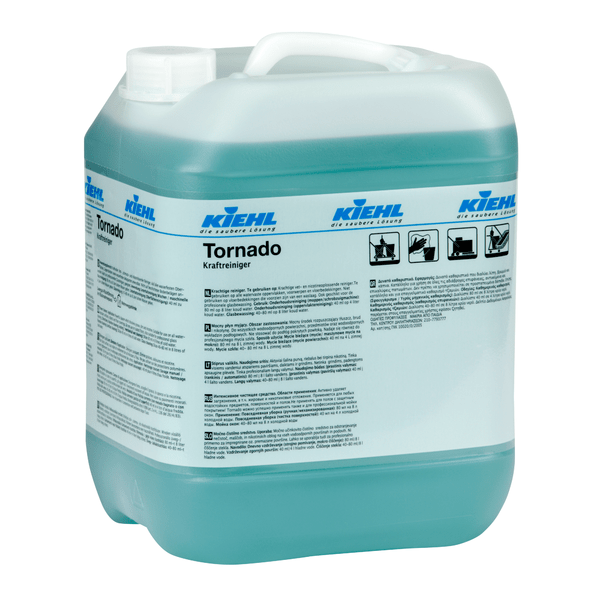 In a large, transparent plastic container with a handle and screw cap is the blue Kiehl Tornado Power Cleaner from Johannes Kiehl KG, which is labeled with application instructions and hazard symbols and described as a powerful industrial cleaner.
