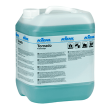 In a large, transparent plastic container with a handle and screw cap is the blue Kiehl Tornado Power Cleaner from Johannes Kiehl KG, which is labeled with application instructions and hazard symbols and described as a powerful industrial cleaner.