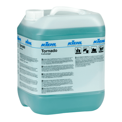 In a large, transparent plastic container with a handle and screw cap is the blue Kiehl Tornado Power Cleaner from Johannes Kiehl KG, which is labeled with application instructions and hazard symbols and described as a powerful industrial cleaner.