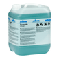 In a large, transparent plastic container with a handle and screw cap is the blue Kiehl Tornado Power Cleaner from Johannes Kiehl KG, which is labeled with application instructions and hazard symbols and described as a powerful industrial cleaner.