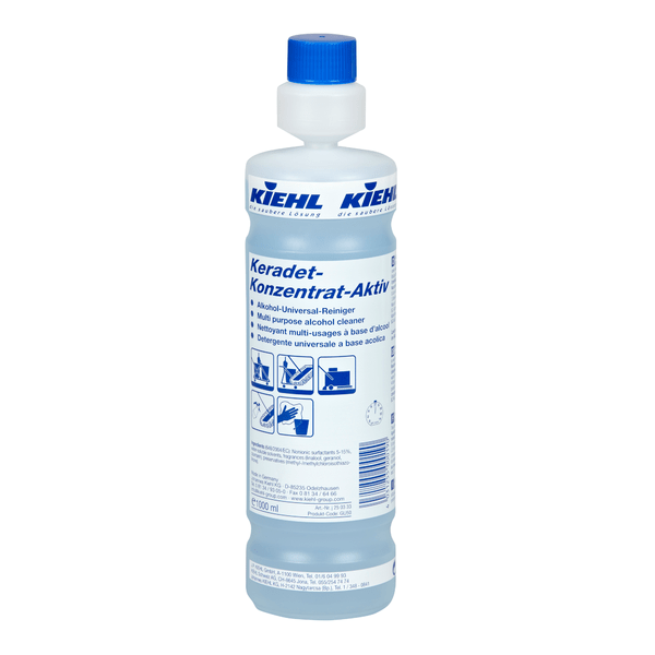 A 1-liter bottle of Johannes Kiehl KG Kiehl Keradet-Concentrate-Active Alcohol-Universal Cleaner for streak-free cleaning, with a blue cap and multilingual label with product information and application instructions.