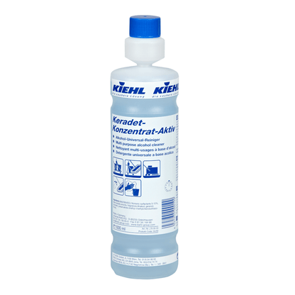 A 1-liter bottle of Johannes Kiehl KG Kiehl Keradet-Concentrate-Active Alcohol-Universal Cleaner for streak-free cleaning, with a blue cap and multilingual label with product information and application instructions.