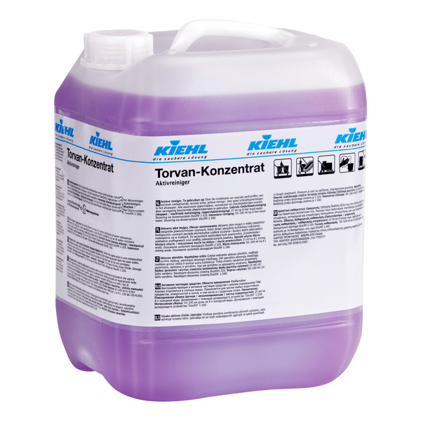 Large transparent plastic container with handle and screw cap, filled with purple liquid. The label reads "Kiehl Torvan Concentrate Active Cleaner" by Johannes Kiehl KG and contains multilingual product information.