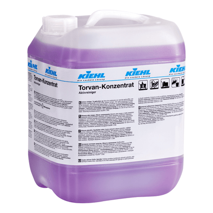 Large transparent plastic container with handle and screw cap, filled with purple liquid. The label reads "Kiehl Torvan Concentrate Active Cleaner" by Johannes Kiehl KG and contains multilingual product information.