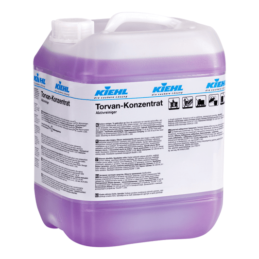 Large transparent plastic container with handle and screw cap, filled with purple liquid. The label reads "Kiehl Torvan Concentrate Active Cleaner" by Johannes Kiehl KG and contains multilingual product information.