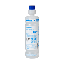 A 1-liter plastic bottle with a blue cap and the inscription "Kiehl Econa Concentrate balance all-purpose cleaner without fragrances and dyes" by Johannes Kiehl KG. The highly concentrated cleaning agent features usage and safety instructions with pictograms on the label.
