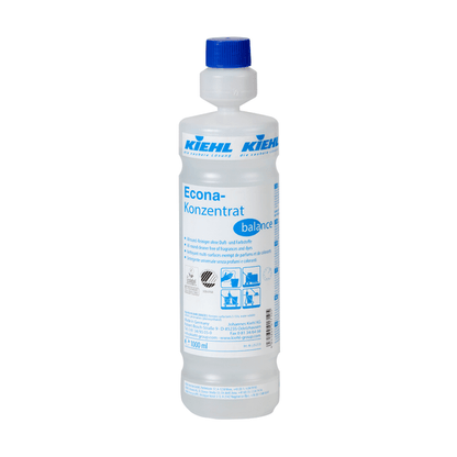 A 1-liter plastic bottle with a blue cap and the inscription "Kiehl Econa Concentrate balance all-purpose cleaner without fragrances and dyes" by Johannes Kiehl KG. The highly concentrated cleaning agent features usage and safety instructions with pictograms on the label.