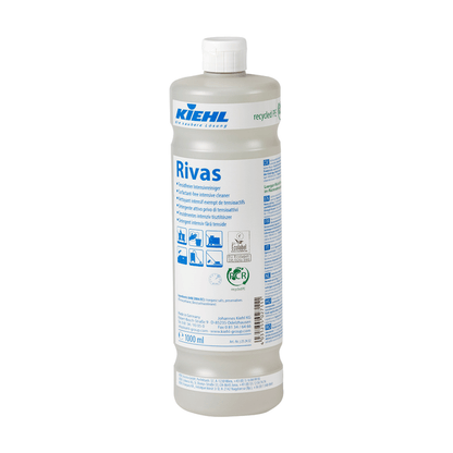 A white plastic bottle from Johannes Kiehl KG Kiehl Rivas Surfactant-Free Intensive Cleaner with a green cap and multilingual label with application instructions and eco-certification symbols - ideal cleaner for various surfaces.