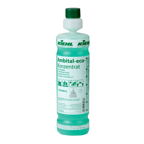 A bottle of Kiehl Ambital-eco Concentrate Eco-Mopping Care by Johannes Kiehl KG, a green, environmentally friendly cleaning concentrate with German labeling, application instructions, and eco-symbols on the front.