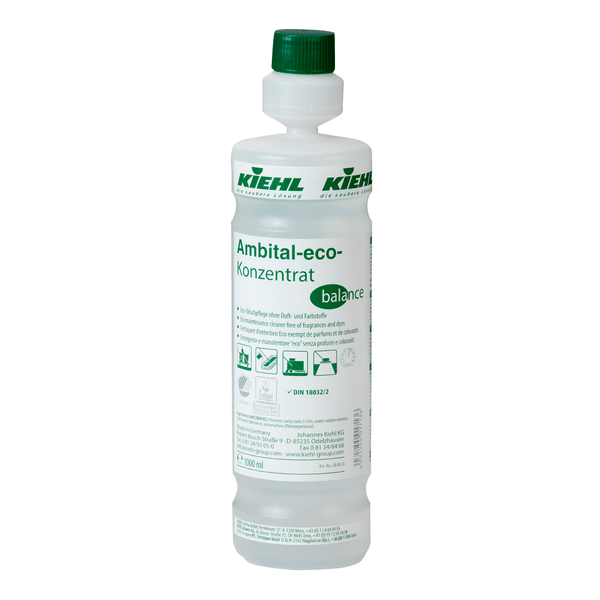 The white 1-liter plastic bottle of Johannes Kiehl KG Ambital-eco concentrate balance Eco-Wischpflege without fragrance and colorants with green lettering and cap is an environmentally friendly cleaning solution; available in cartons with 6 bottles.
