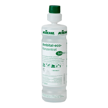 The white 1-liter plastic bottle of Johannes Kiehl KG Ambital-eco concentrate balance Eco-Wischpflege without fragrance and colorants with green lettering and cap is an environmentally friendly cleaning solution; available in cartons with 6 bottles.