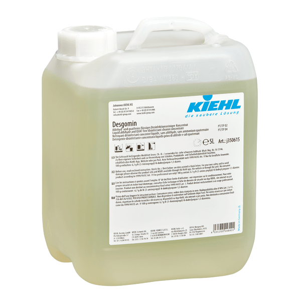 10-liter plastic canister Kiehl Desgomin aldehyde- and quat-free liquid disinfectant cleaner concentrate by Johannes Kiehl KG, with white screw cap, handle, blue logo, and front product information label.