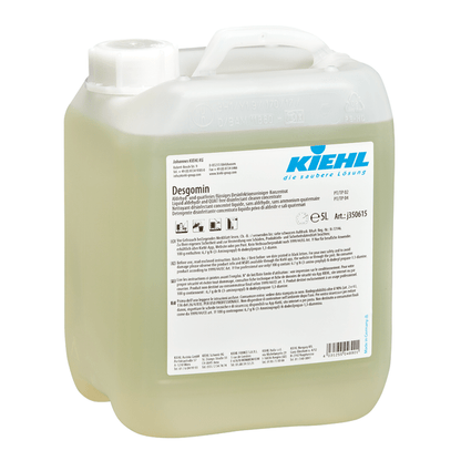 10-liter plastic canister Kiehl Desgomin aldehyde- and quat-free liquid disinfectant cleaner concentrate by Johannes Kiehl KG, with white screw cap, handle, blue logo, and front product information label.