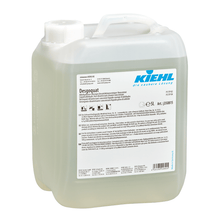 A transparent plastic container with a handle and white cap, labeled "Kiehl Desgoquat" by Johannes Kiehl KG. The multilingual label provides information about the aldehyde-free liquid disinfectant cleaner concentrate for surface disinfection and application instructions.