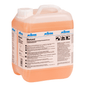 A 5-liter container made of transparent plastic from Kiehl Blutoxol Liquid Disinfectant Cleaner Concentrate by Johannes Kiehl KG, ideal for the food sector. The orange-pink solution effectively removes bacteria; information and instructions on the label.