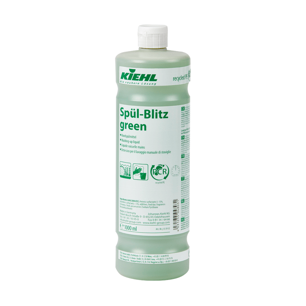 A 1000 ml bottle of Johannes Kiehl KG Kiehl Spül-Blitz green hand dishwashing detergent with a white cap, green label with multilingual text and recycling symbols; contains light green, biodegradable liquid.