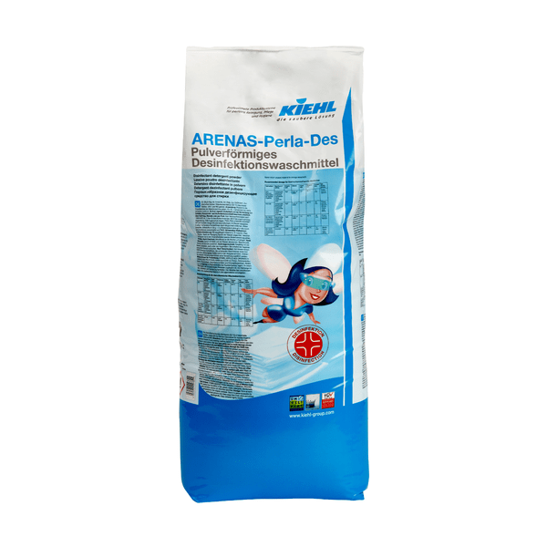A white-blue 15 kg bag with the inscription "Kiehl ARENAS-Perla-Des powdered disinfectant detergent" from Johannes Kiehl KG, with text and comic figure - ideal for hygienic cleaning with this effective powder detergent.