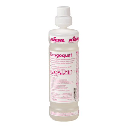 A white 1-liter plastic bottle with a screw cap by Johannes Kiehl KG with the inscription "Kiehl Desgoquat Aldehyde-Free Liquid Disinfectant Cleaner Concentrate" is adorned with pink and white text, symbols, instructions, and warnings.