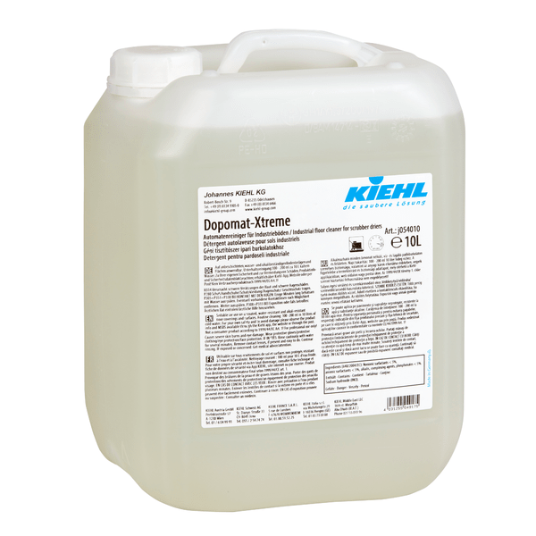 A 10-liter container of Kiehl Dopomat-Xtreme automatic cleaner for industrial floors from Johannes Kiehl KG made of transparent plastic bears a white label with product information and instructions for professional industrial cleaning.