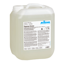 A 10-liter container of Kiehl Dopomat-Xtreme automatic cleaner for industrial floors from Johannes Kiehl KG made of transparent plastic bears a white label with product information and instructions for professional industrial cleaning.