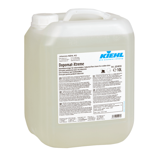 A 10-liter container of Kiehl Dopomat-Xtreme automatic cleaner for industrial floors from Johannes Kiehl KG made of transparent plastic bears a white label with product information and instructions for professional industrial cleaning.
