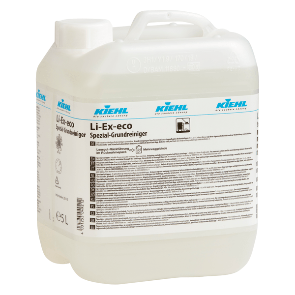 A 5-liter container of Li-Ex-eco special basic cleaner from Johannes Kiehl KG made of transparent plastic with a German label, blue logos, screw cap, and sturdy handle. This versatile cleaner is designed for environmentally friendly use.