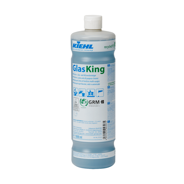 A 1-liter bottle of Kiehl GlasKing window, glass, and all-purpose cleaner from Johannes Kiehl KG with a teal-colored label, white cap, and environmentally friendly, recyclable symbols.