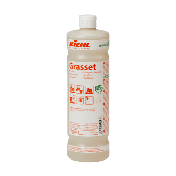 The white 1-liter plastic bottle of Johannes Kiehl KG Kiehl Grasset Grease Remover Kitchen Cleaner has a red cap and a multilingual label with instructions for use and product information.