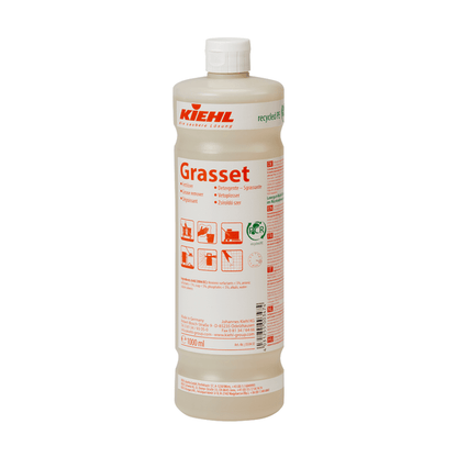 The white 1-liter plastic bottle of Johannes Kiehl KG Kiehl Grasset Grease Remover Kitchen Cleaner has a red cap and a multilingual label with instructions for use and product information.
