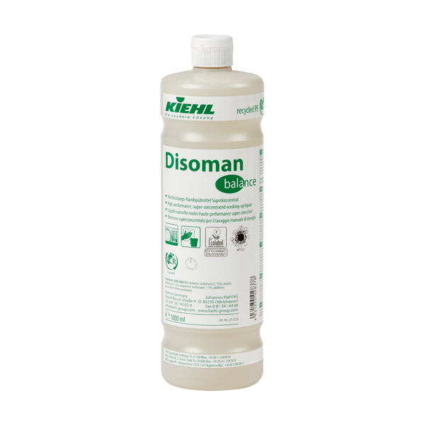 A 1-liter bottle made of white plastic with a screw cap from Johannes Kiehl KG, labeled "Kiehl Disoman high-performance manual dishwashing detergent super concentrate", with green and blue lettering, recycling symbols, and multilingual product information.