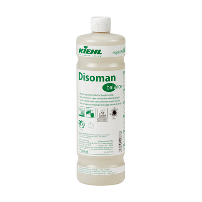 A 1-liter bottle made of white plastic with a screw cap from Johannes Kiehl KG, labeled "Kiehl Disoman high-performance manual dishwashing detergent super concentrate", with green and blue lettering, recycling symbols, and multilingual product information.