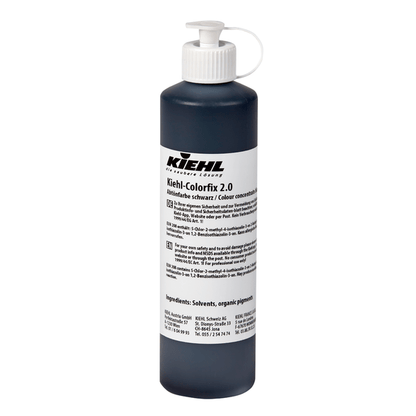 The Johannes Kiehl KG Kiehl-Colorfix 2.0 color concentrate in a plastic bottle with a pump and a white label with black and gray lettering contains dark liquid for long-lasting color results.